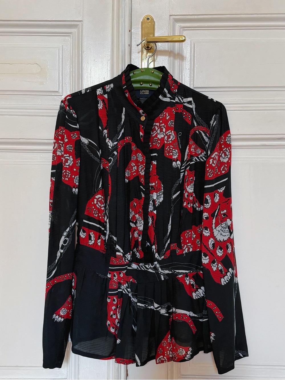 Roberto Cavalli Red, Black & White Printed Long-Sleeve Blouse